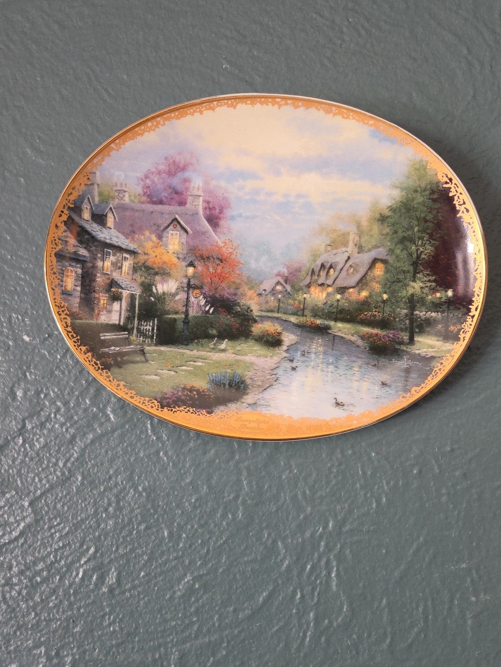 Thomas Kinkade Gold-Rimmed Plate with Pastel Hues